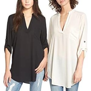 Lush Roll Tab Sleeve Tunic Blouse - Black
